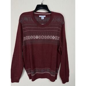 John Henry Mens Sweater XXL Crew Neck Maroon Aztec Print Classic Lightweight NWT